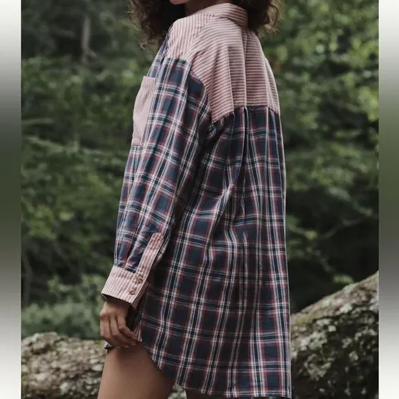 ANTHROPOLOGIE Oversized Plaid Button-Up Shirt Jacket in Blue and Pink NWOT - Picture 3 of 5